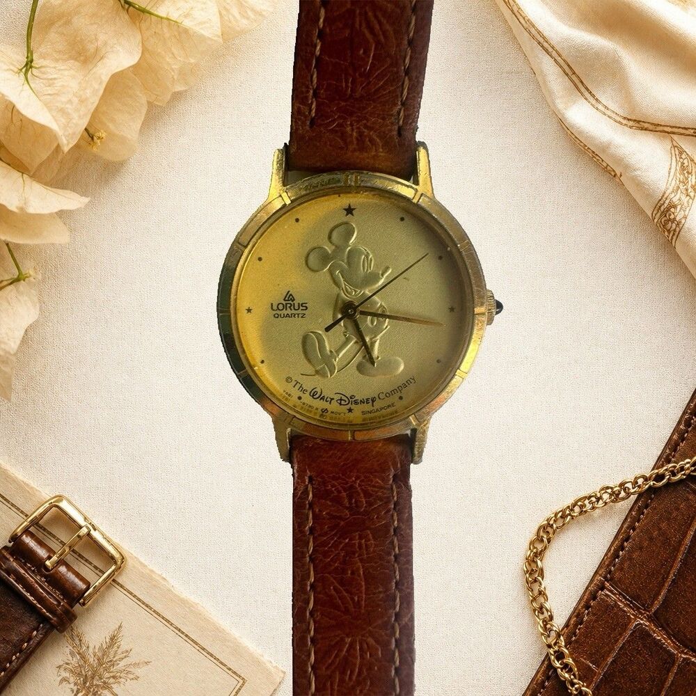 Vintage Lorus Disney Mickey Mouse Watch Gold Dial Brown Leather Quartz Runs